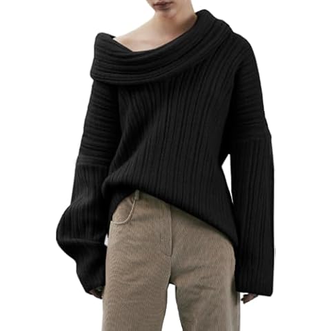 UNCLECAT Women's Off The Shoulder Sweater 2024 Trendy Oversized Fall Sweaters Boat Neck Knit Tops Black Cover