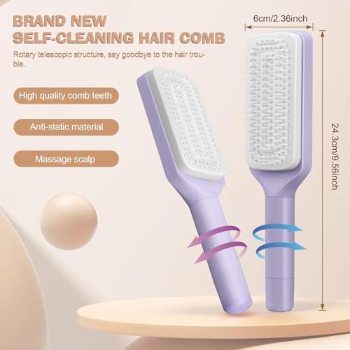 Image of Self Cleaning Hair Brush for Women & Kids - Detangler Hair Brush Comb for Wet or Dry Hair - Anti-Static Hairbrush Women Love - Gentle Scalp Massage Comb Brush for All Hair Types.