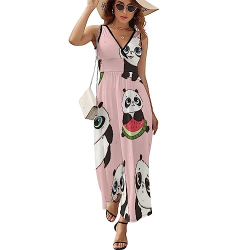 Robe à volants femme sans manches col en V imprimé panda coloré M
