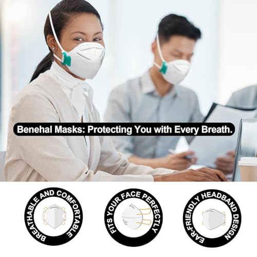 Image of benehal N95 Face Masks, NIOSH Approved Individually Wrapped, White, 30-Pack | Adjustable Headstraps, Individually Wrapped, Adjustable Nose Clip, 5-Ply Particulate Respirators N95 Mask, Glasses-friendly