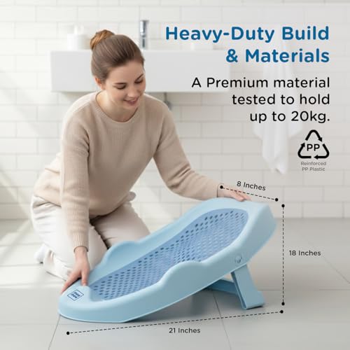 Image of Mee Mee Mini Spa Baby Bath Chair with Spine Support Shield & Adjustable Recline | Anti-Skid Base, Quick-Drain Mesh, BPA-Free Ergonomic Bath Seat for Newborns & Infants, Portable Design (Blue)