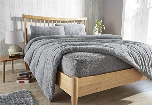 Olivia Rocco Teddy Fleece Extra Deep Fitted Sheet Cosy Warm Fluffy Fitted Bed Sheets, King Grey