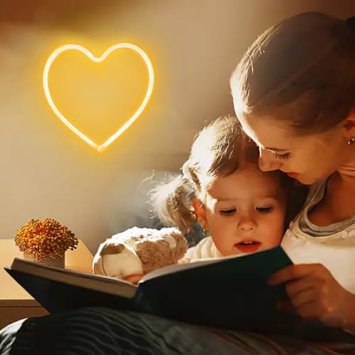 Image of Warm White Heart Neon Sign Battery Operated or USB Powered LED Heart Light | LED Heart Neon Lamp for Valentines Day Wedding Proposal Mother's Day Dorm Bedroom Decor, Gifts for Mom Wife Girfriend Girls