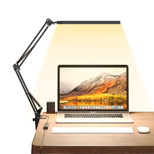 Image of Upgrade Swing Arm LED Desk Lamp with Clamp, 80 LED Beads, 5 Color Modes & 11 Brightness Levels, 360 Adjustable Arm, Eye-Caring Light CRI95, Timer & Memory Function, for Office, Study, Crafting