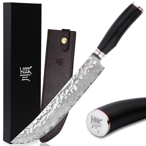 Yousunlong Cuchillo Cimitarra - 254 Mm Cuchillo De Carnicero - Cuchillo Curvo Para Carne - Acero De Damasco Japonés Martillado - Mango De Madera De Plomo Natural Con Funda De Cuero Yousunlong Cuchillo Cimitarra - 254 Mm Cuchillo De Carnicero - Cuchillo Curvo Para Carne - Acero De Damasco Japonés Martillado - Mango De Madera De Plomo Natural Con Funda De Cuero