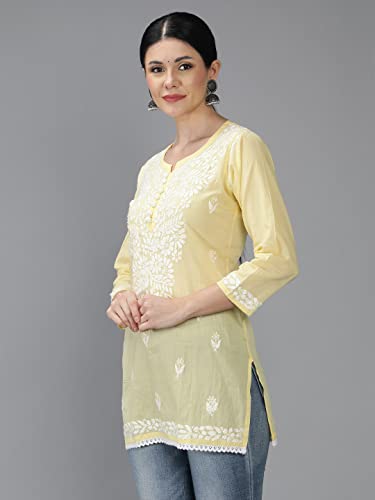 Image of Seva Chikan Hand Embroidered Lucknowi Chikankari Cotton Short Top Tunic for Women SCL9017
