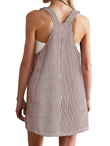 Image of Yousify Womens Casual Denim Dress Summer Striped Overalls Romper Adjustable Straps Sleeveless Jean Dresses with Pockets