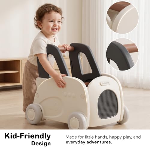 Image of Baybee 4 in 1 Push Walker & Shopping Cart with Ride-On & Pull Along Modes | Toy Storage Organizer, Removable Food Tray, Wide Space, Seat Belt, Stable Wheels & Smooth Edges | Walking Support for Kids 0 - 3 Years (Black & White)