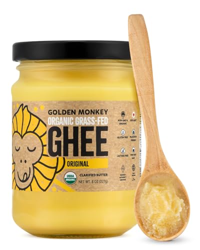 GOLDEN MONKEY Organic Ghee Butter – Grass Fed Clarified Butter for Cooking, Baking, Keto & Gut Health – Ghee Butter Organic Grass Fed from Small Farms – Smooth Spread with High Smoke Point (8oz)