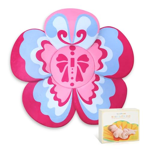 Image of Premium Baby Bath Pad with Butterfly Flower - Ultra Soft & Quick Dry Bathtub Mat for Newborns, Anti-Slip Sink Cushion (Red-Blue)