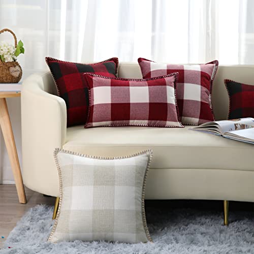 Decoruhome Farmhouse Buffalo Plaid Check Throw Pillow Covers 18X18 Set Of 2, Outdoor Fall Decorative Pillow Covers With Stitched Edge For Bed Couch Sofa, Cream White And Beige #TOP6
