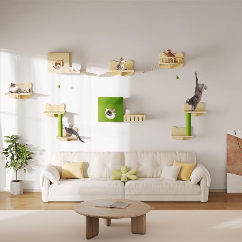 Image of DWVO Cat Wall Shelves and Perches for Wall, Solid Wood Wall Mounted Cat Furniture, Set of 15 Cats Climbing Shelves for Large Cats with Green Wall House & Fence, Steps, Bridge Ladder, Scratching Posts