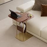 LOVEDIMA C-Shaped Walnut & Gold Rotating Side Table with Storage - 360° Swivel Top,Built-in Magazine Rack,Modern End Table for Sofa/Bedside