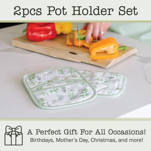 Sage+Stitch Heat Resistant Designer Pot Holders With Hand Pockets And Hanging Loops | Set Of 2 100% Cotton Dual Function Kitchen Pot Holders And Trivets | 7'' X 9'' | Green Herbs #TOP4