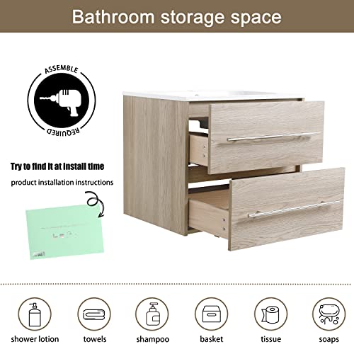 Malwee 24 Inch Floating Bathroom Vanity With Sink, 24 Inch Single Sink Wall Mounted Bathroom Vanity, With 2 Drawers And White Resin Basin Sink Top (Weo-049, 24''Wx18''D) #TOP3