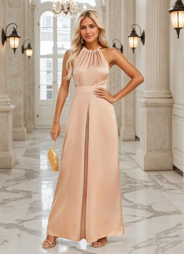 Halter Formal Jumpsuits for Women Satin Long Wide Leg Pants High Waist One Piece Outfits with Pockets Rompers4
