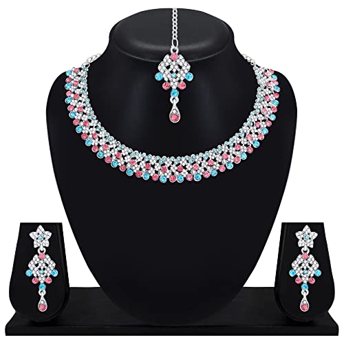 Image of Atasi International Splendid Silver Plated Alloy Choker Necklace Set for Women (PINK + AOUA BLUE)