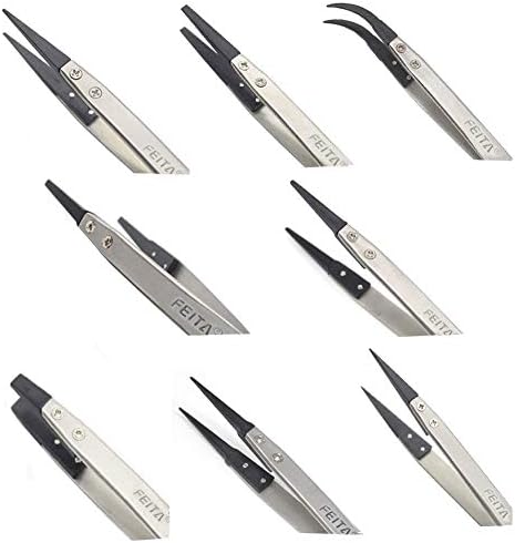 Precision Tweezers Set - FEITA Antistatic Interchangeable Fiber Tips Stainless Steel ESD Tweezers for Electronics, Jewelry Making, Labs, Hobbies (8 Pcs)