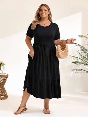 Image of LARACE Plus Size Dresses for Women Summer Casual Short Sleeve Long Dress Flowy Maxi Beach Dresses with Pockets L-6XL