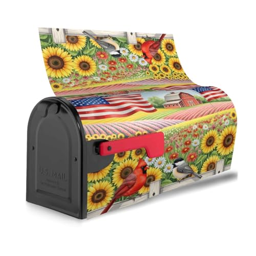 Image of American Flag Farmouse Flowers Field Mailbox Cover Magnetic Rustic Sunflowers and Birds Waterproof Mailbox Wraps Post Letter Box Decor 25.5x21 in