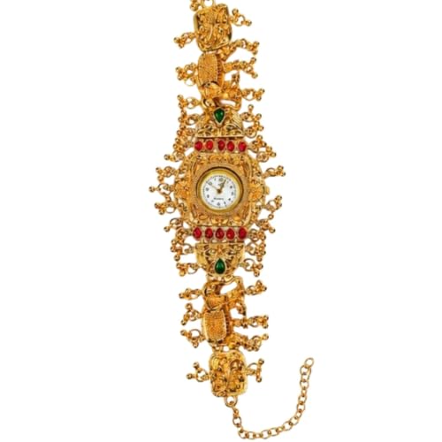 Traditional Gold Plated Bracelet Watch for Women with Stone Design Analog Dial Adjustable Chain Strap Ethnic Wrist Watch for Festive Wedding Party Daily Use (Design-01)