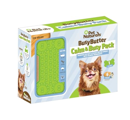 Pet Naturals Calm and Busy Pack with 6 Pouches of BusyButter Calming Peanut Butter and Premium Lick Mat with Suction Cups