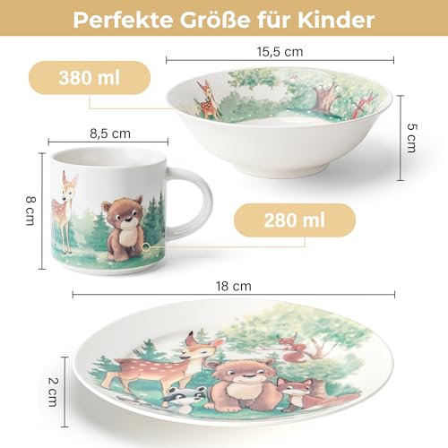 MIAMIO - 3er-Set Kindergeschirr/Porzellan Kinderbesteck, Kindergeschirr-Set aus Porzellan - Inklusive Teller, Schüssel und Tasse - Für Kinder und Kleinkinder (Wald)