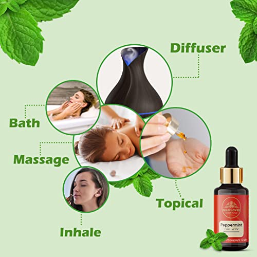 Image of Wildflower Essentials Peppermint Essential Oil 100% Pure & Natural for Face | Skin| Hair | Body Undiluted with Glass Dropper 15ml Bottle