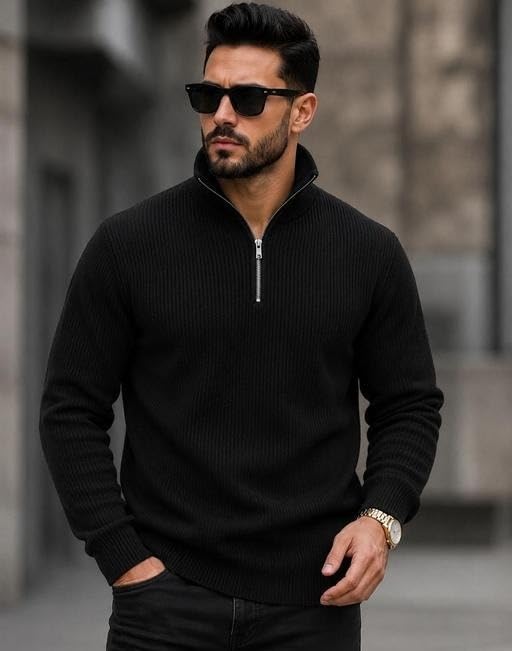 Generic Men Premium Ribbed High Neck Zipper Sweater, White, M - Image 4