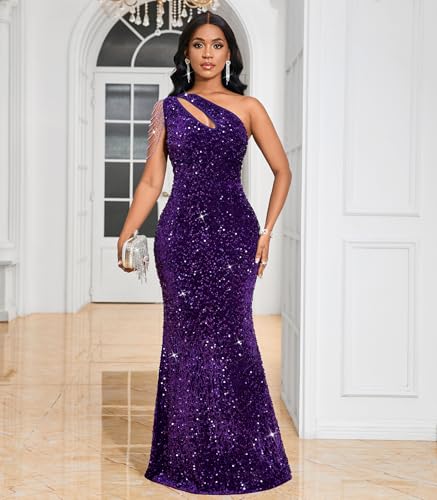 Image of Cololura Women Sequin Elegant Sexy One Shoulder Tassel Mermaid Bodycon Cocktail Evening Dress