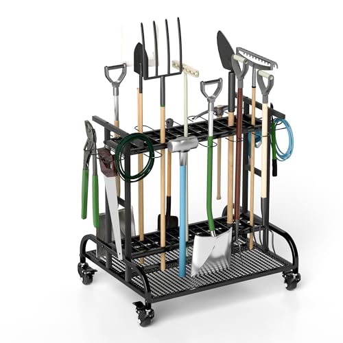 lesolar Garden Utility Cart 3 Tier Yard Tool Rack on Wheels for Rakes Shovel Hoe, Heavy Duty Steel Large Yard Tool Organizer for Shed, Yard, Basement, Lawn, Garage