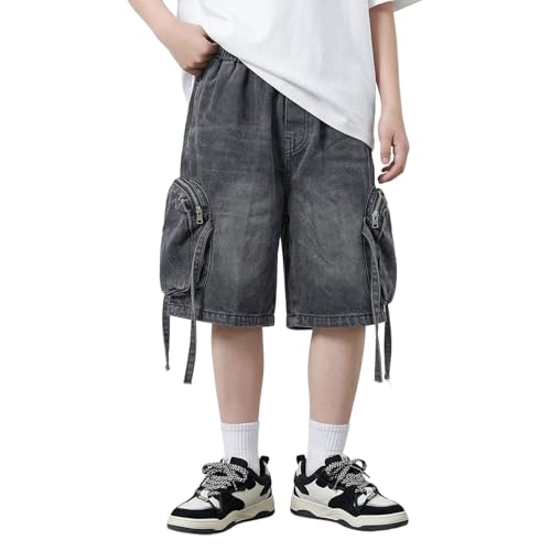 Short denim noir garçon avec poches zippées et taille élastique