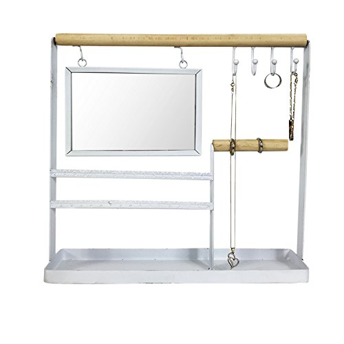 Preisvergleich Produktbild FineHome Exklusiver Matall Schmuckhalter Schmuckregal Schmuckständer mit Spiegel und Haken Weiß / Natur Shabby