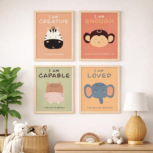 Image of Rousrie Motivational Animals Framed Painting For Kids Posters for Room Decoration, Set of 4 Black Frame Art Prints, Baby Posters for Living Room, A4 Size