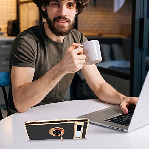 Aitipy For Google Pixel 7A Case, Built-In 360 Degree Rotation Ring Kickstand Stand With Screen Protector And Lens Protector, Luxurious Shiny Plating Edge Shockproof Protective Phone Case-Black #TOP6