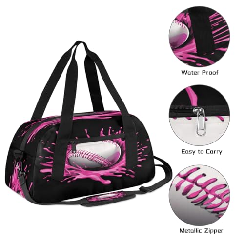 Pink Paint Sport Baseball Kids Duffle Bag, Small Lightweight Travel Sports Bag for Boys Girls, Overnight Weekender Tote, Gym Carry On Bag for School Sports Sleepover3