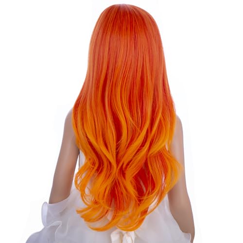 Image of PATTNIUM Kids Girls Flame Fire Wig Long Wavy Curly Orange Wig Orange Ombre Long Wigs Cosplay Costume Synthetic Wigs