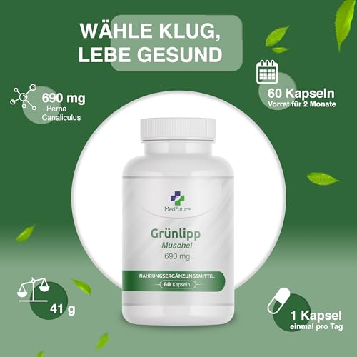 Grünlippmuschel Kapseln 690 mg, 60 Kapseln - Grünlippmuschelextrakt Für Menschen, Natürliche Unterstützung Für Gelenke, Hochdosiertes Grünlippmuschel Ergänzungsmittel