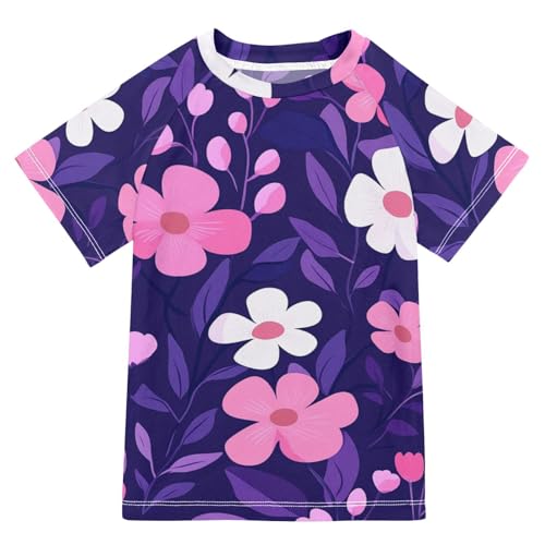 Boys Short Sleeve T-Shirts Flower Purple Cartoon Rashguard Kids Swim Shirts Sun UPF 50+