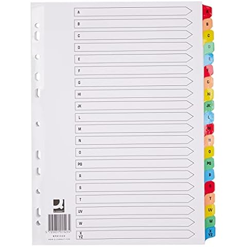 Q-Connect KF01523 Index A4 Multi-Punched A-Z 20-Part Reinforced Multi-Colour Pre-Printed Tabs KF01523 - Pack of 1 Cover