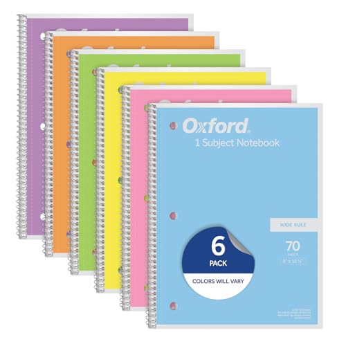 Oxford Spiral Notebooks, 6 Pack, 1 Subject, Wide Ruled Notebooks for School, 8 x 10.5 Inches, 70 Sheets, Assorted Pastel Colors, Back to School Supplies (63757)