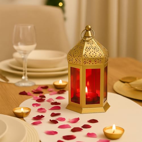 Image of MARKET 99 Metal & Glass Moroccan Lantern with Plain Glass | Christmas & Holiday Candle Holder, Festive Home Decor, Diwali & Birthday Decoration-Golden & Red | (Use LED T-Light only)