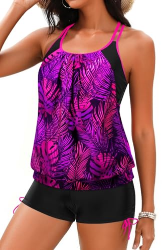 Image of Holipick Tankini Swimsuits Two Piece Tummy Control Bathing Suits Blouson Swim Tank Top with Boy Shorts
