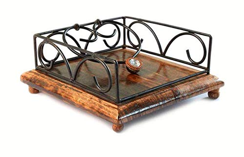 Shamsi Art Square Wrought Iron and Wood Tissue Paper Napkin Holder Stand for Dining Table Brown
