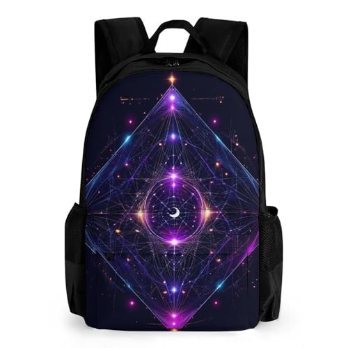 Large Capacity Sacred Geometry Symbols Sun Moon Trippy Purple Backpack, Women Men Portable Daypack for Hiking, Shopping, Fashion Comfy Shoulder Bag with Adjustable Strap
