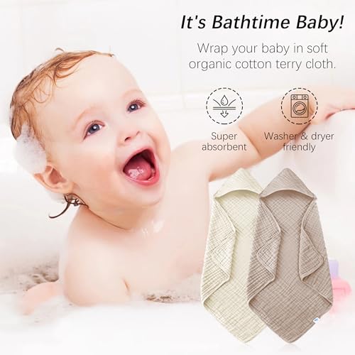Image of SWEET DOLPHIN Muslin Hooded Baby Bath Towels - 2 Pack 100% Cotton Towel for Babies, Infants, Toddlers - 32x32Inch - Highly Absorbent and Newborn Essential, Ivory and Brown