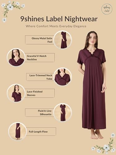 Image of 9shines Label Stylish Soft Modal Maxi Nighty | Honeymoon Nighty | Full Length Trendy Nightgown | V-Neck Lace | Premium Nightdress | Soft Long Nightdress | Maxi Gown Nightwear for Women (Malai Satin)