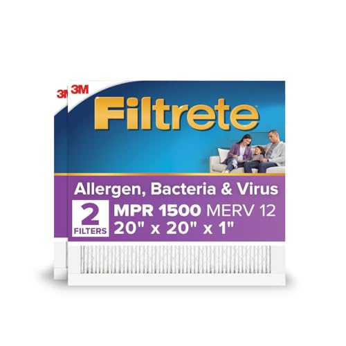 Filtrete 20x20x1 AC Furnace Air Filter, MERV 12, MPR 1500, CERTIFIED asthma & allergy friendly, 3 Month Pleated 1-Inch Electrostatic Air Cleaning Filter, 2-Pack (Actual Size 19.69x19.69x0.78 in)