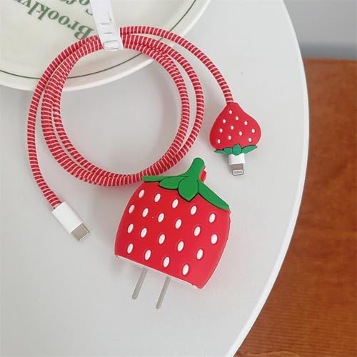 Image of INEFABLE Charger Case Cover Protector with 3D Cute Pattern for iPhone Charger only 18W & 20W, Data Charging Cable Wire Saver Protective Cable Cover Full Protection - Set Of 1 (Strawerry)
