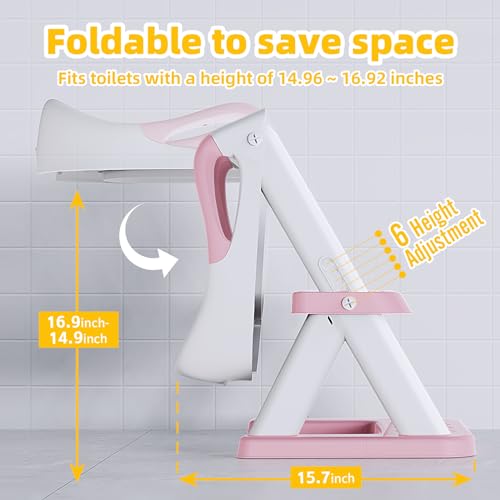SKYROKU 8868 Potty Training Seat with Step Stool - Adjustable Height, Non-Slip, Splash-Proof, Foldable 2-in-1 Toddler Potty Seat with Armrests and Replaceable Cushion - Fits Most Toilets (Pink)